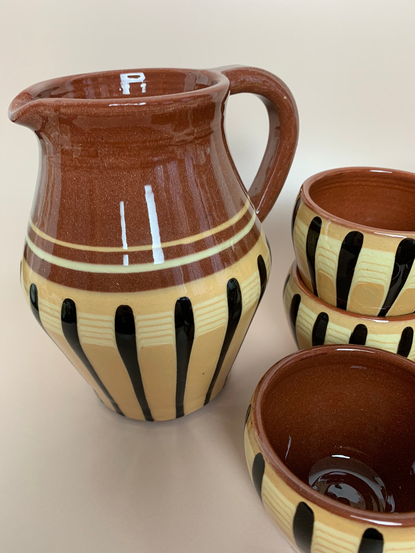 Bulgarian Troyan Pottery Jug and Cups Set