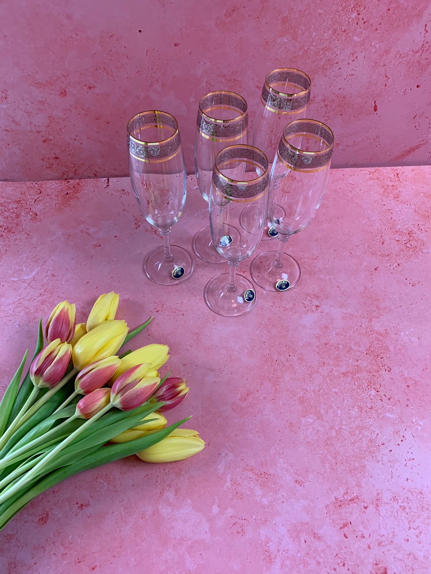 Five 21st Century Champagne Glasses With Gold Rim