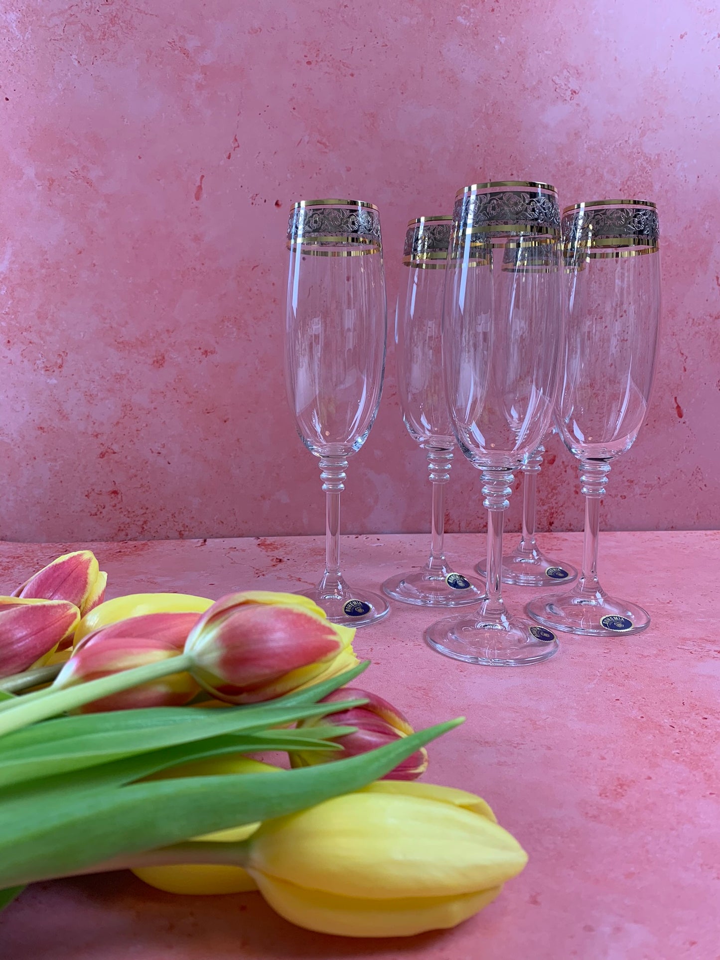 Five 21st Century Champagne Glasses With Gold Rim