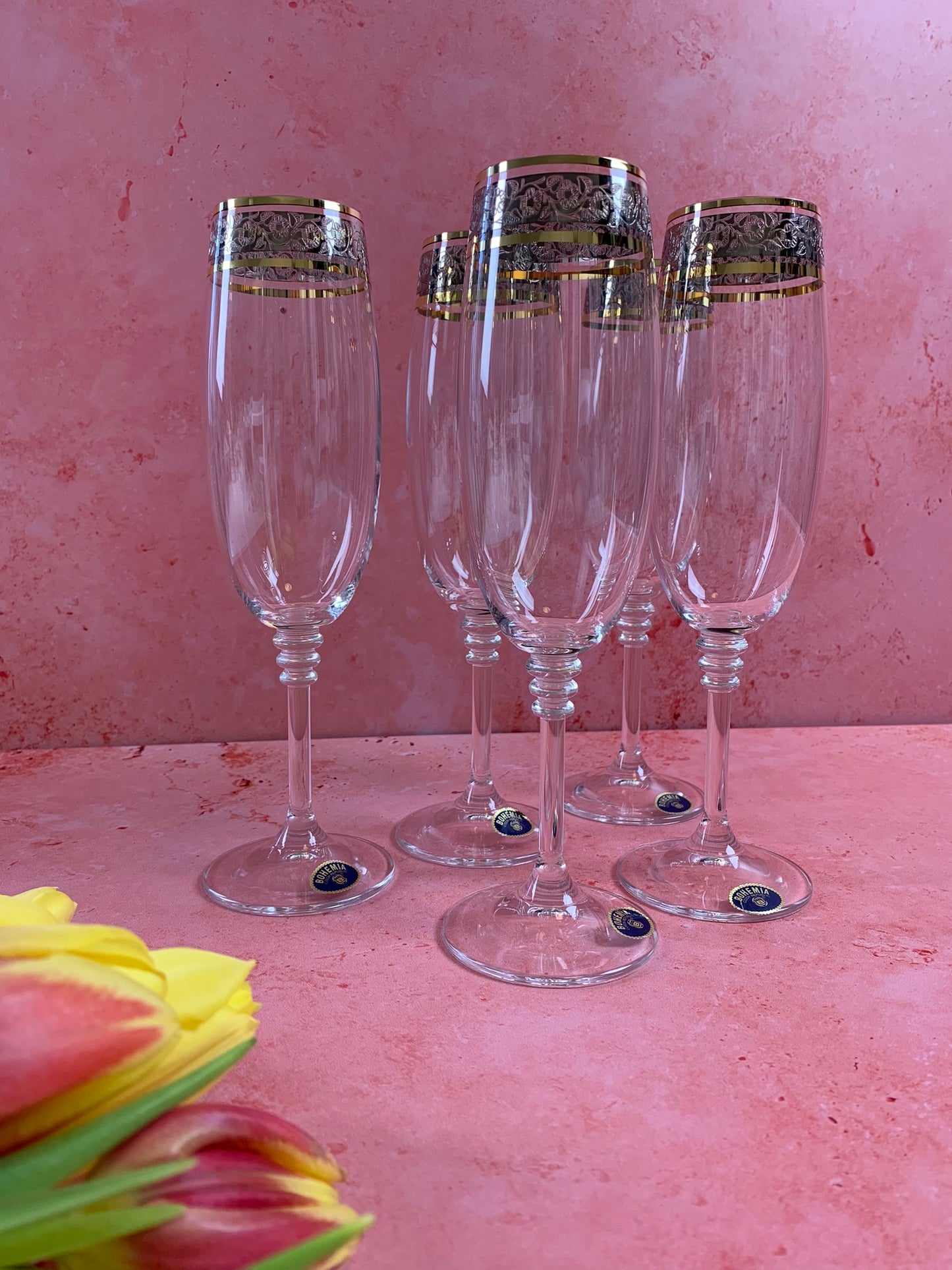 Five 21st Century Champagne Glasses With Gold Rim