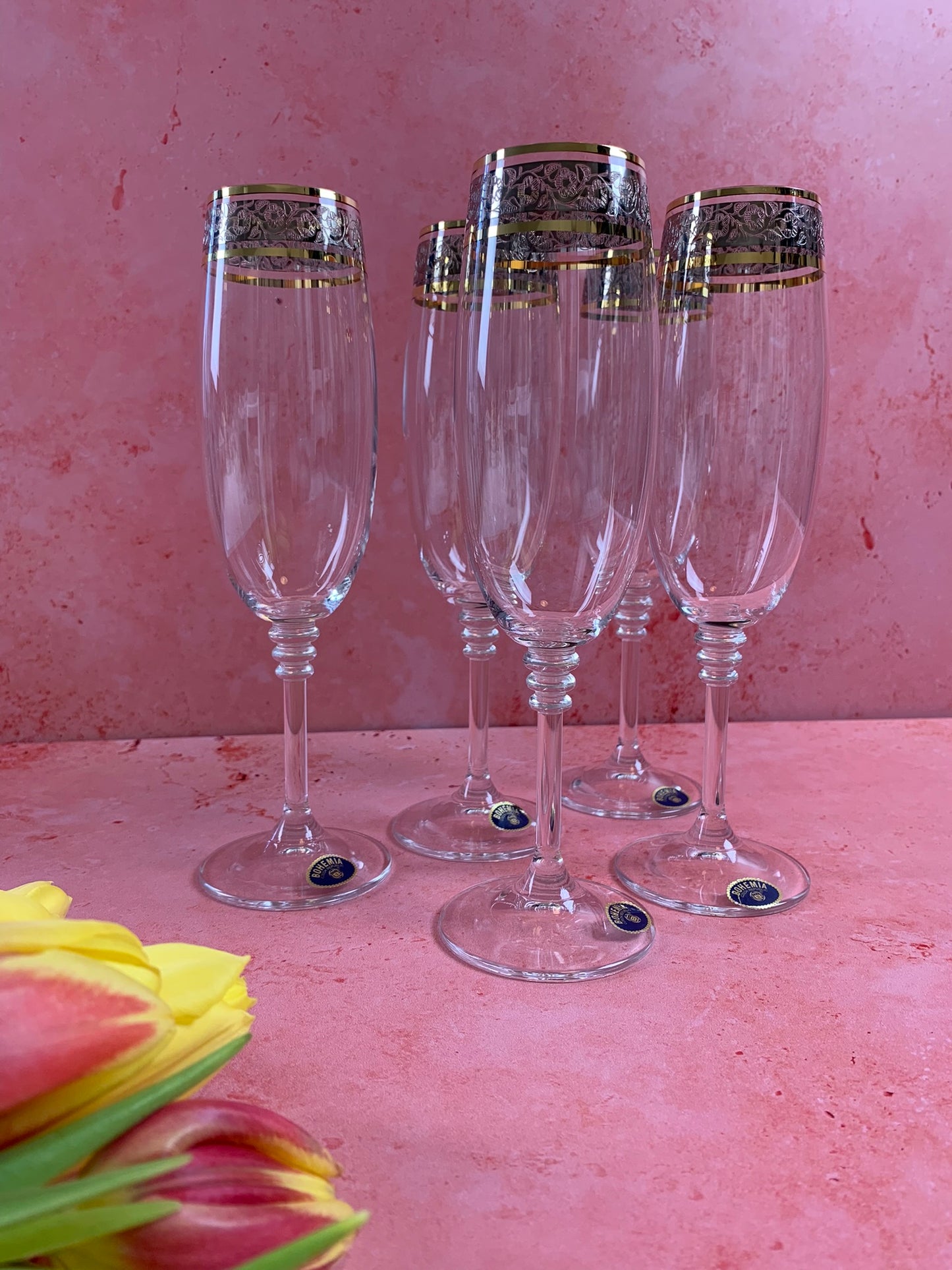 Five 21st Century Champagne Glasses With Gold Rim