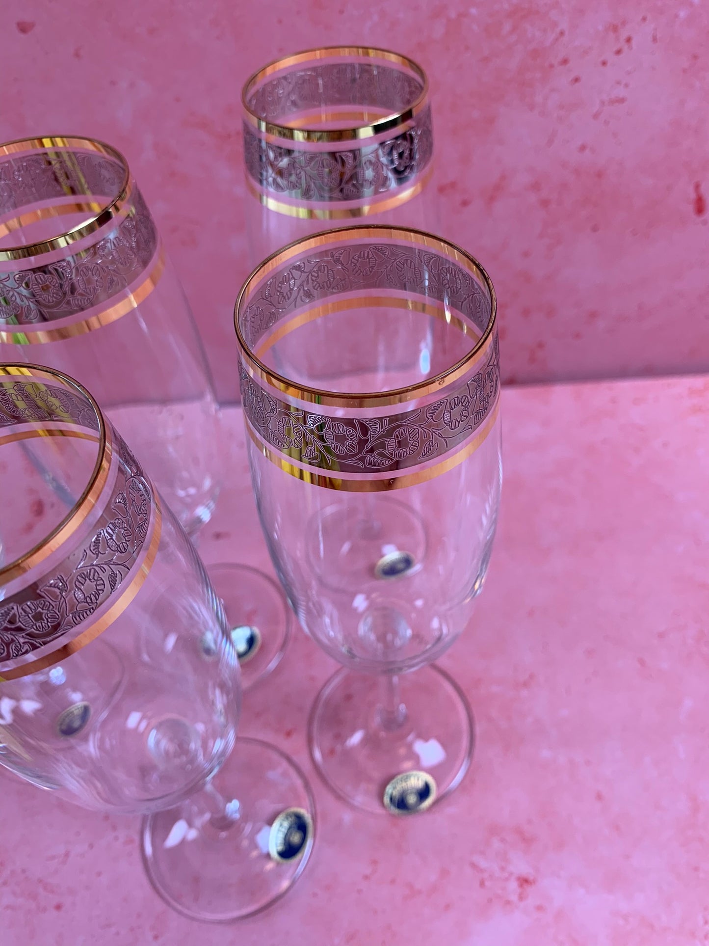 Five 21st Century Champagne Glasses With Gold Rim