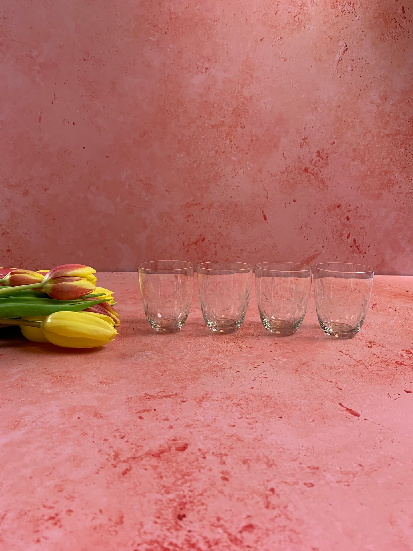 Four Vintage Hand Etched Shot Glasses