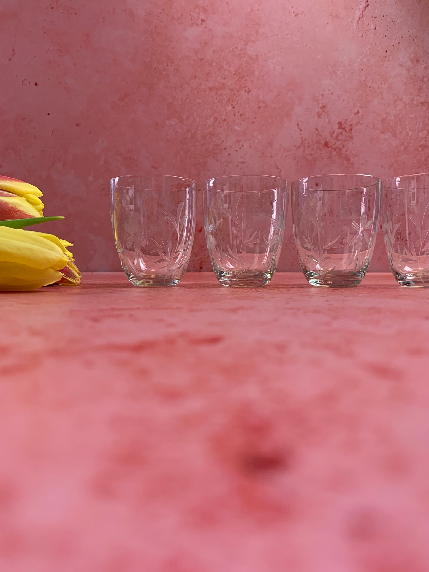 Four Vintage Hand Etched Shot Glasses