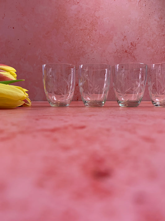 Four Vintage Hand Etched Shot Glasses