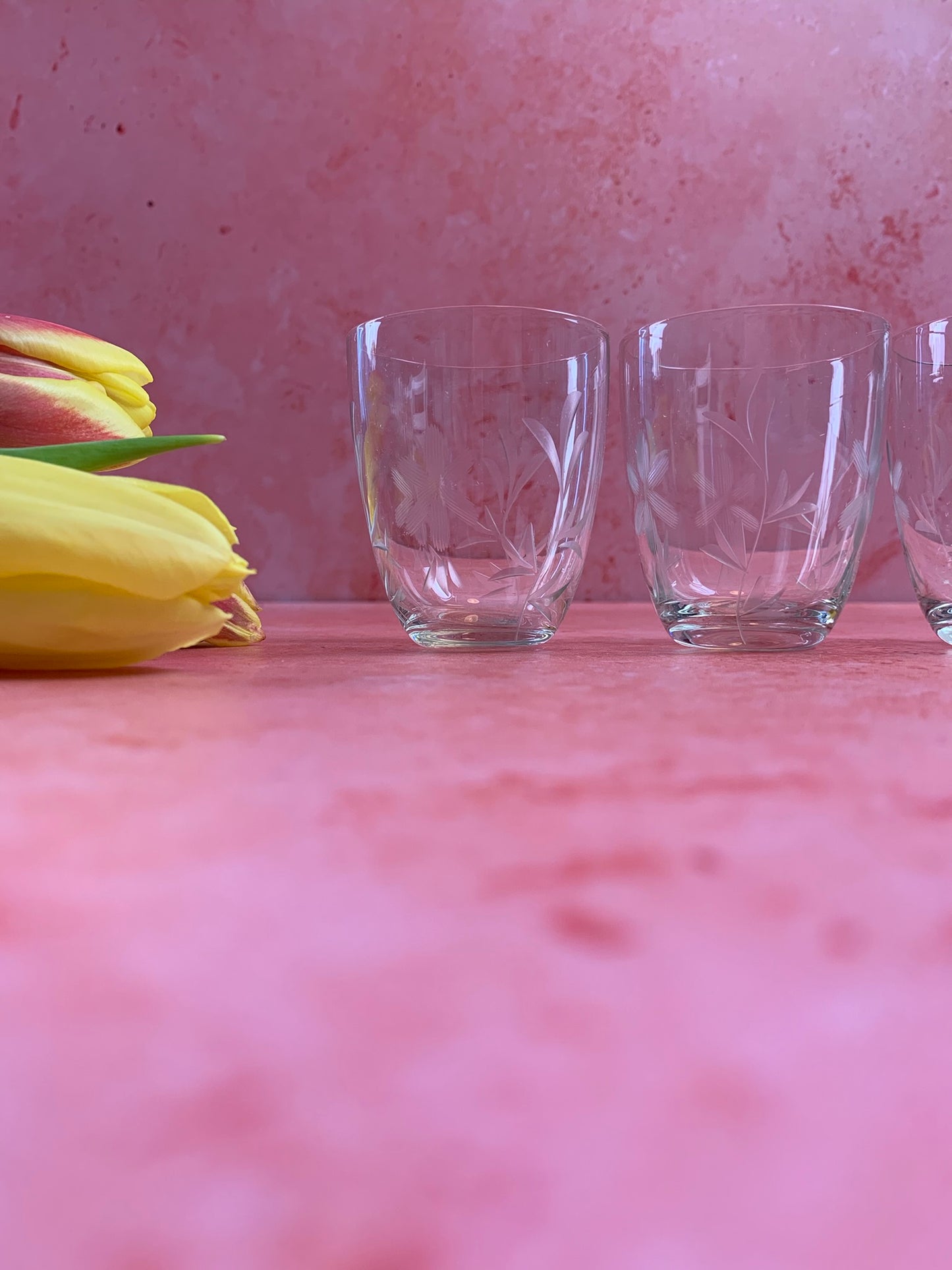 Four Vintage Hand Etched Shot Glasses