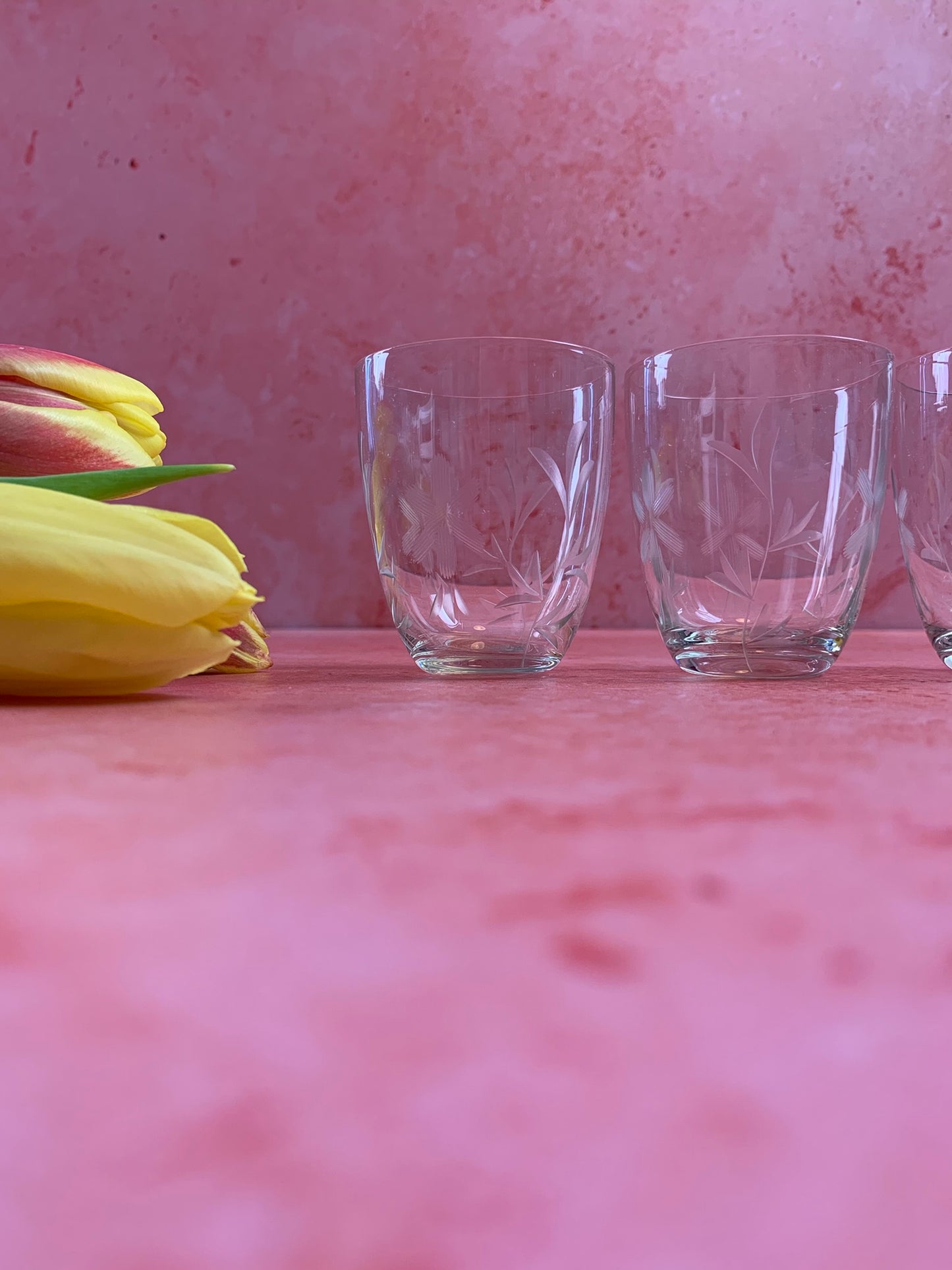 Four Vintage Hand Etched Shot Glasses