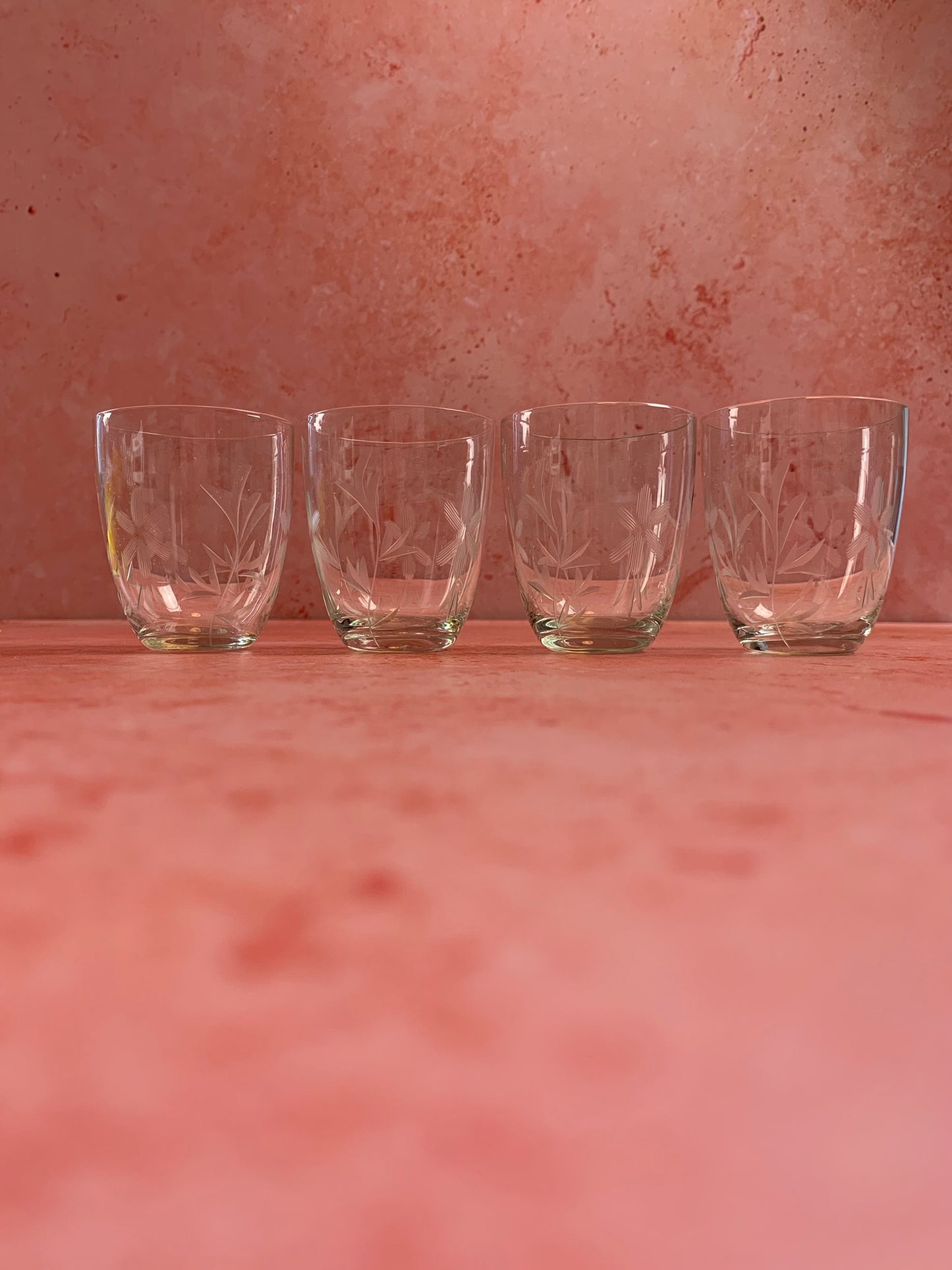 Four Vintage Hand Etched Shot Glasses