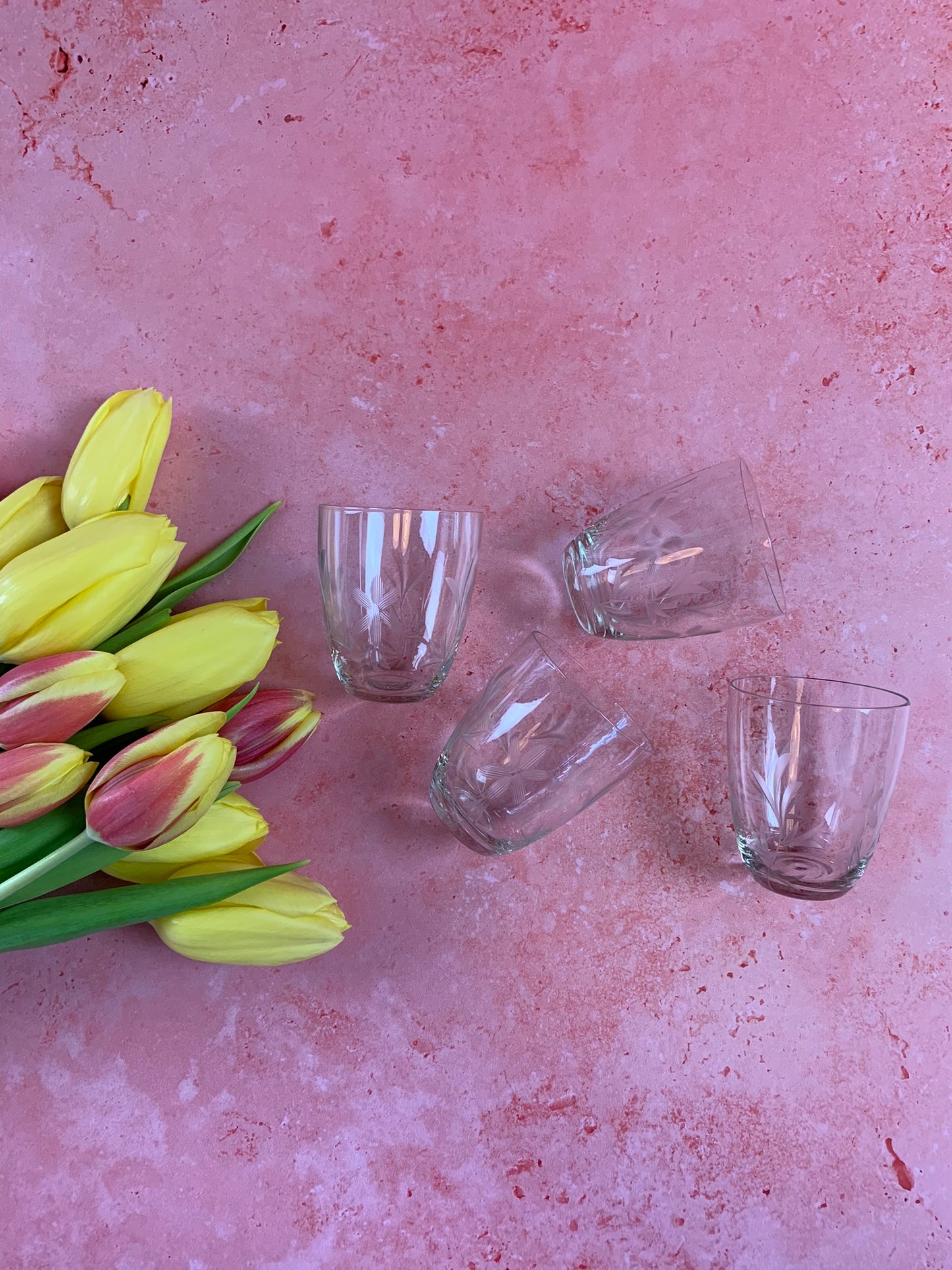 Four Vintage Hand Etched Shot Glasses