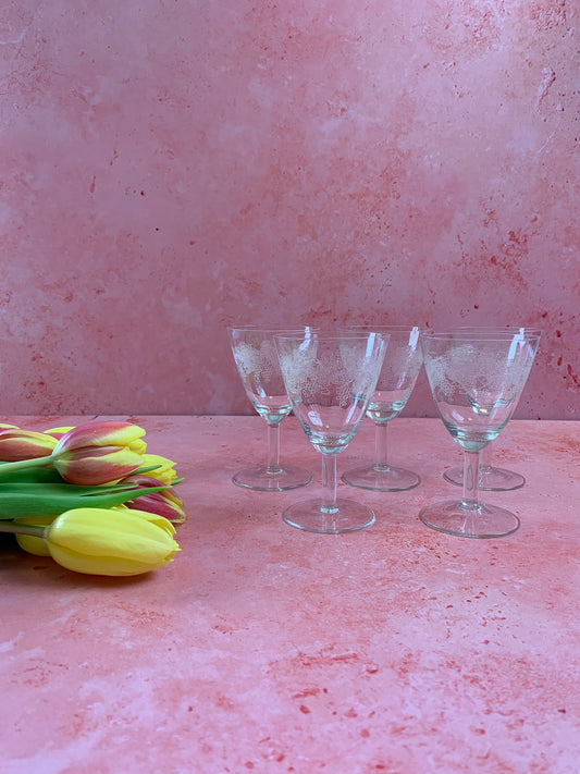 Five Vintage Etched Dessert Wine Glasses