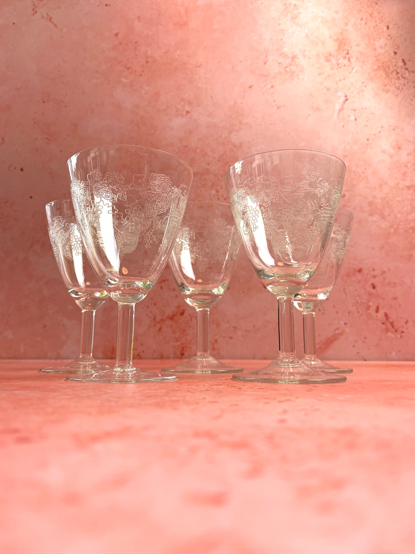 Five Vintage Etched Dessert Wine Glasses