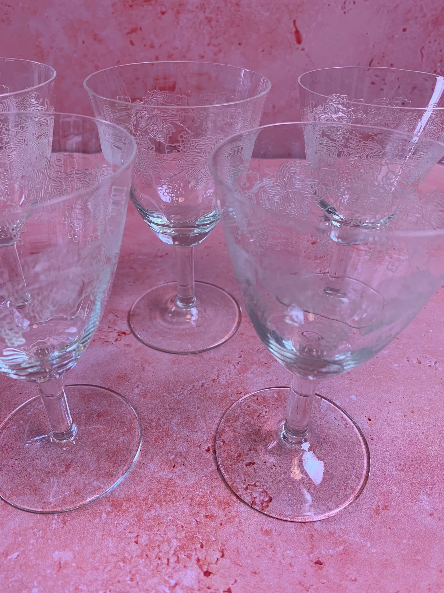 Five Vintage Etched Dessert Wine Glasses