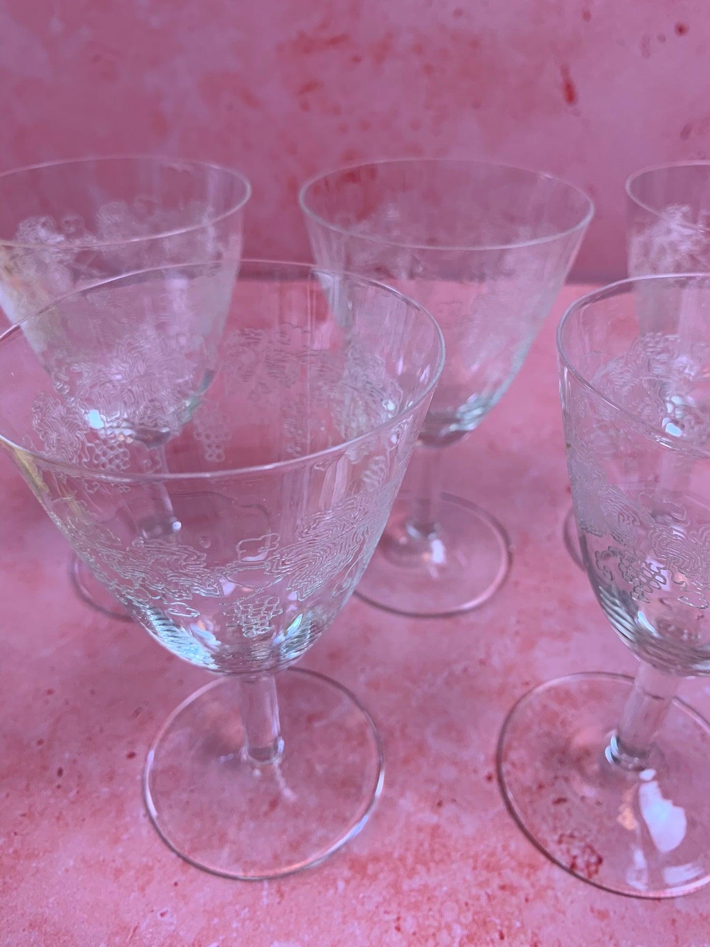 Five Vintage Etched Dessert Wine Glasses